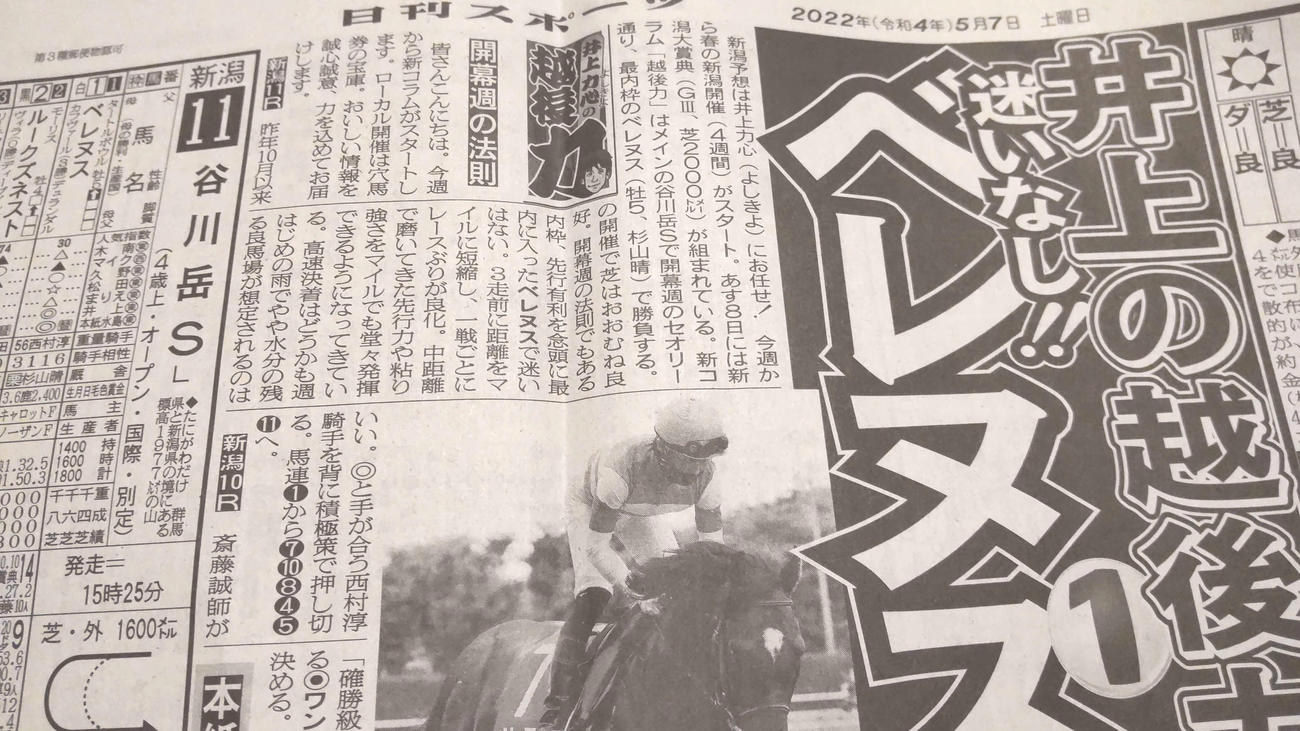 日刊スポーツ紙面の井上記者コラム「越後力」