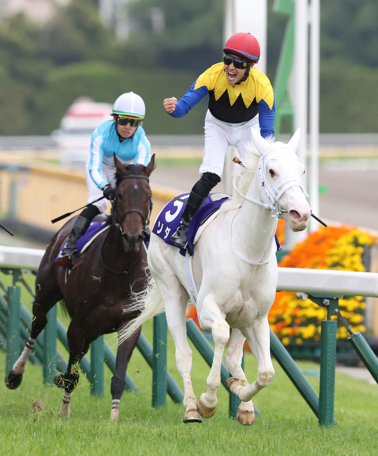 東京11R、直線力強く抜け出してヴィクトリアMを制したソダシと大喜びの吉田隼騎手（撮影・丹羽敏通）