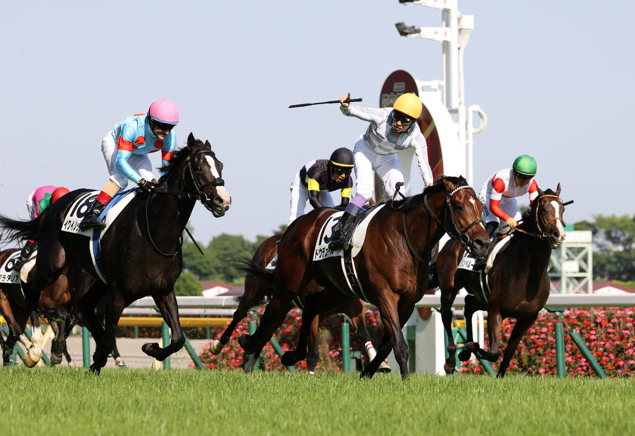第89回日本ダービーを制したドウデュースと武豊騎手（中央）（撮影・鈴木正人）
