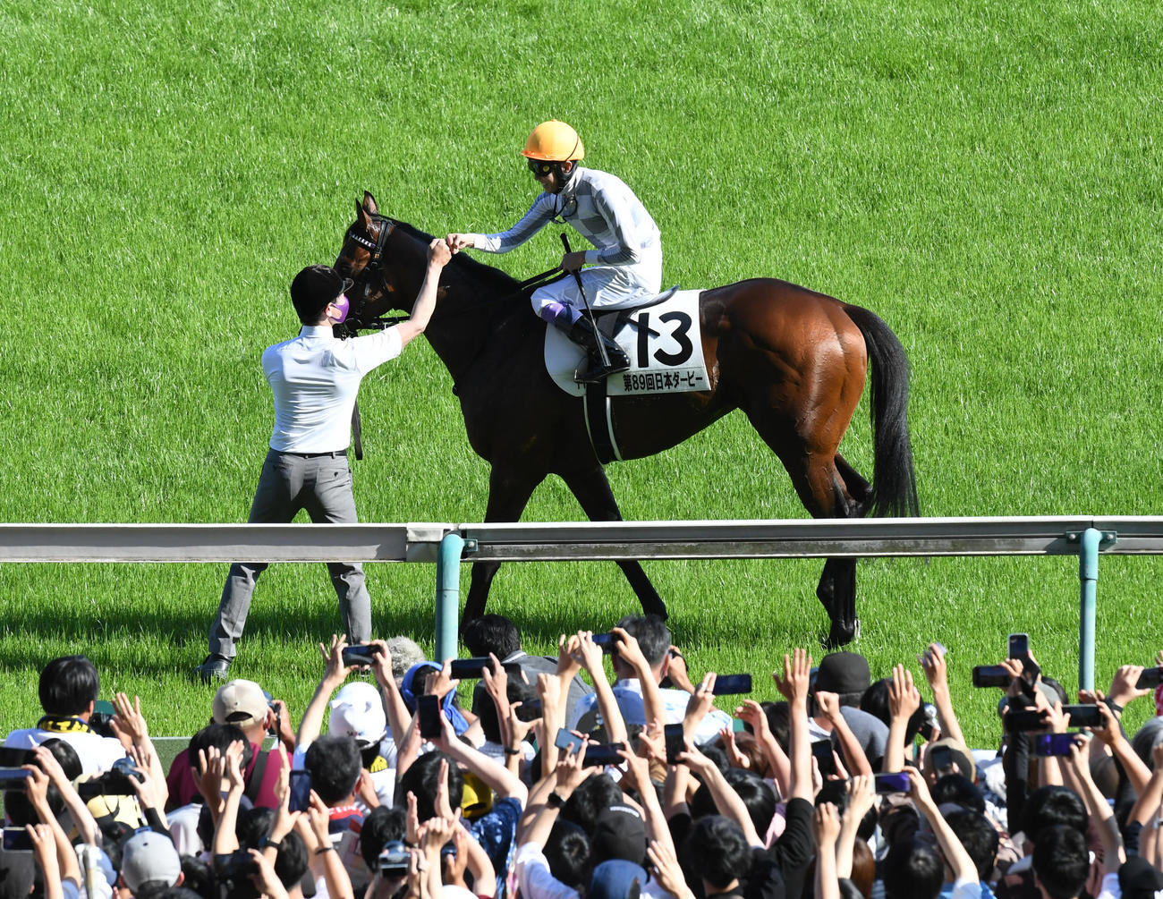 ウイニングランするドウデュースと武豊騎手に、グータッチする前川厩務員（撮影・酒井清司）