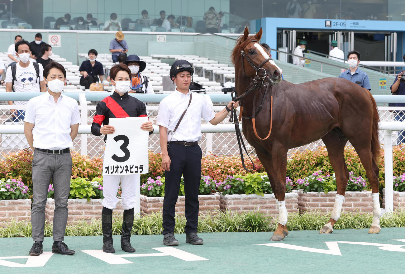 新馬戦を制したオリオンネビュラと口取りに並ぶ松山弘平騎手（中央）（撮影・白石智彦）