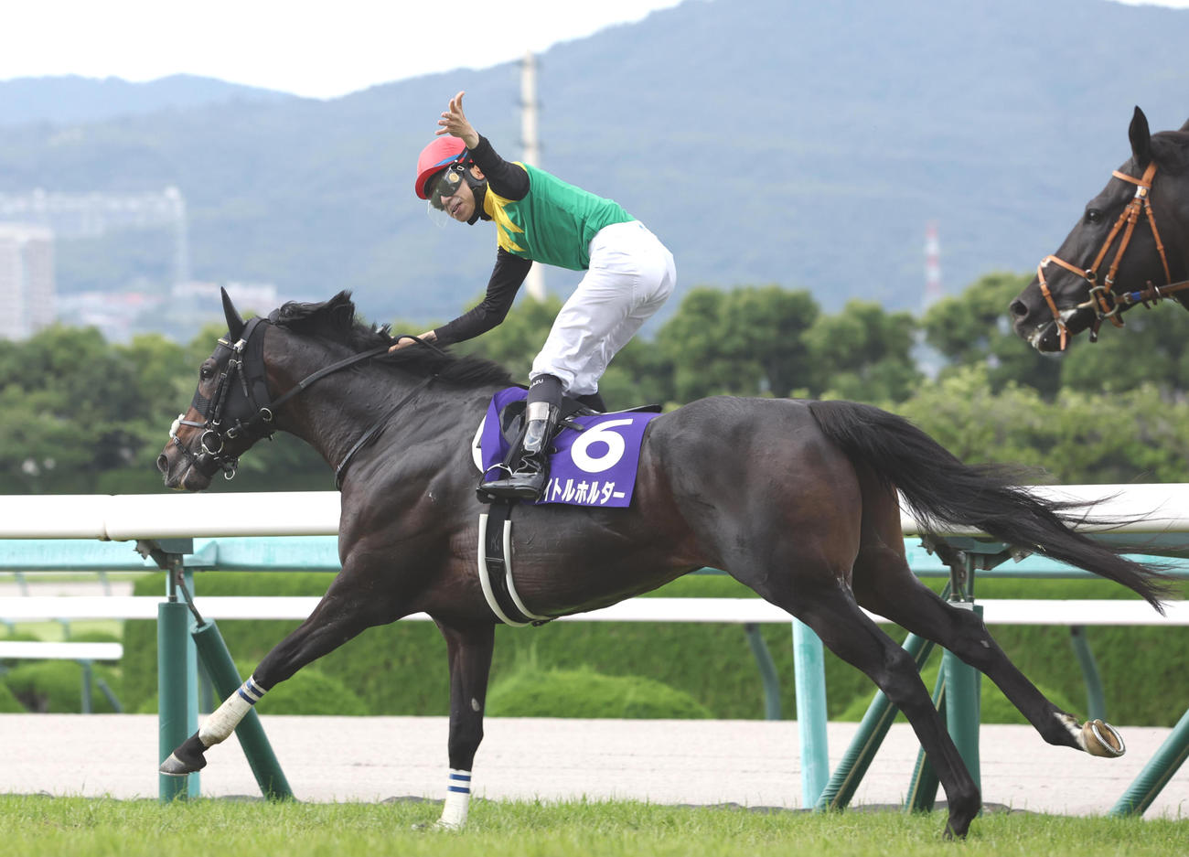 タイトルホルダーで宝塚記念を制し、左手を広げて勝利をアピールする横山和騎手（撮影・白石智彦）