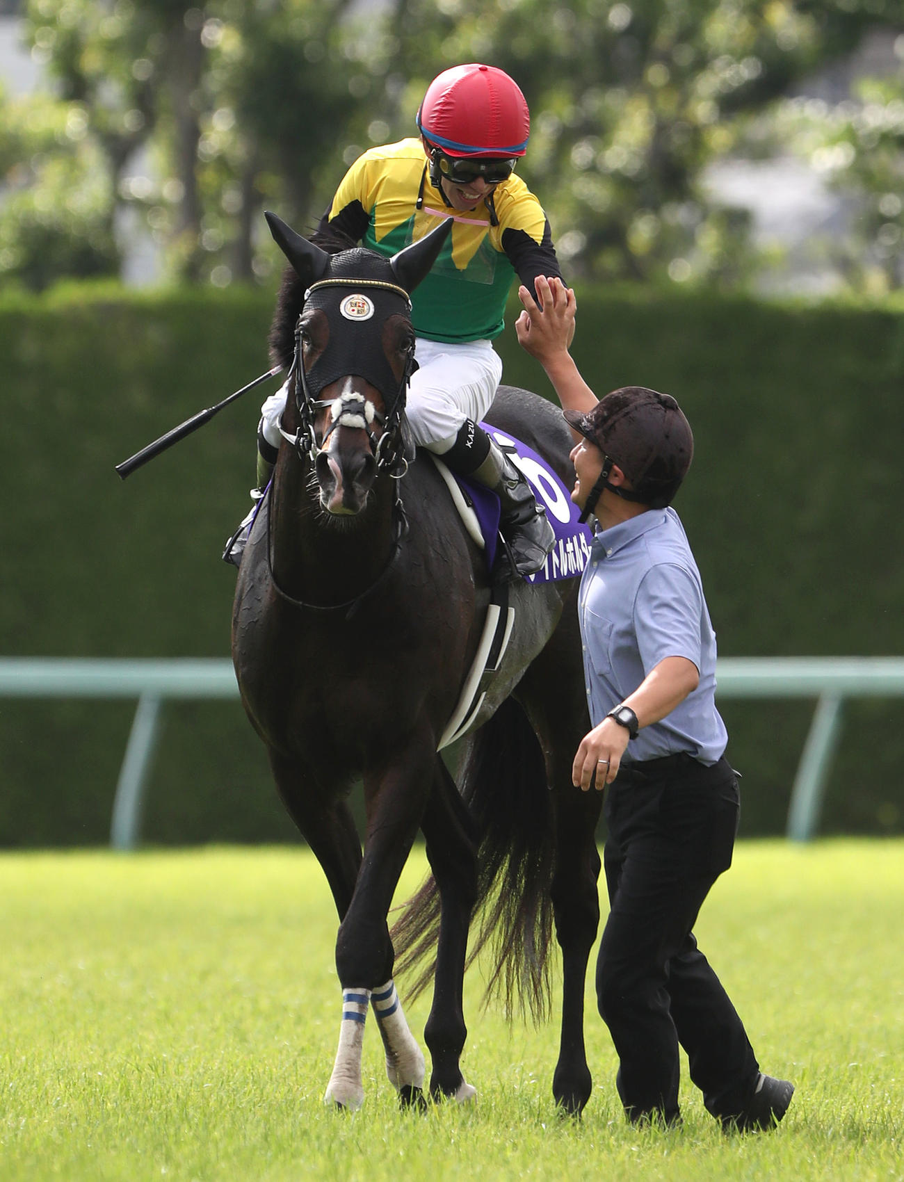 タイトルホルダーで宝塚記念を制してタッチを交わす横山和騎手（撮影・白石智彦）
