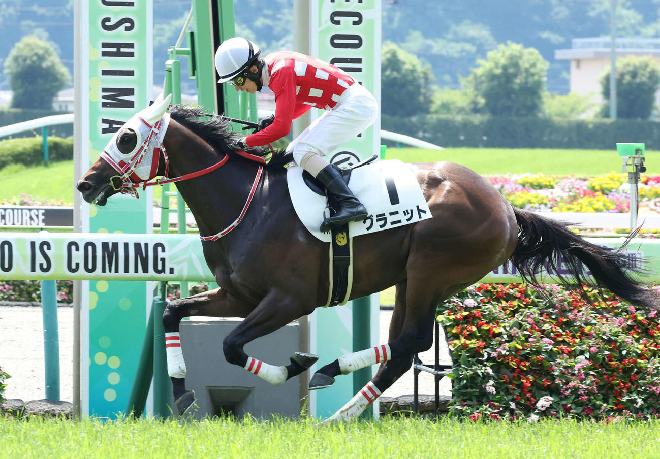 福島1R、2歳未勝利戦を制したグラニットと嶋田騎手（撮影・丹羽敏通）