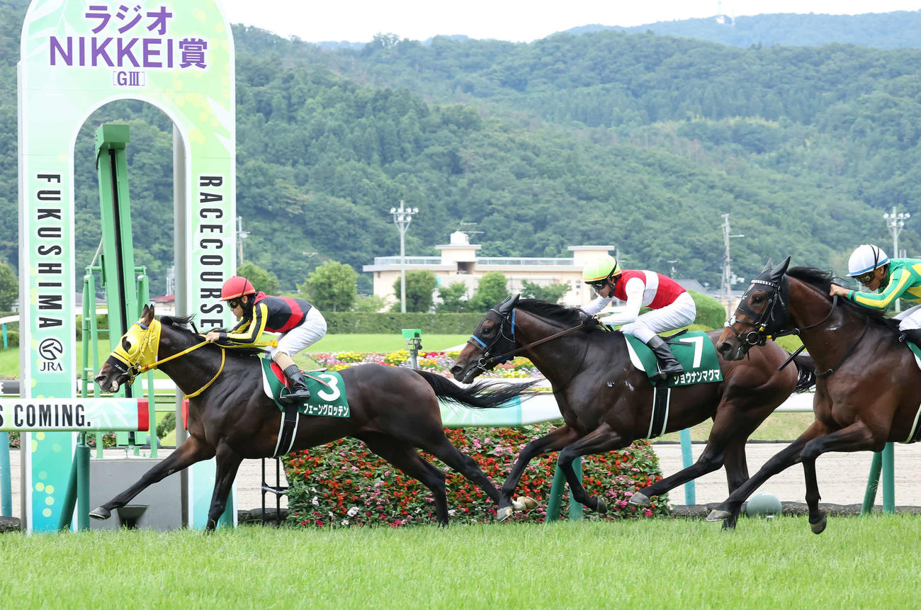ラジオNIKKEI賞を制したフェーングロッテンと松若騎手（左）（撮影・丹羽敏通）