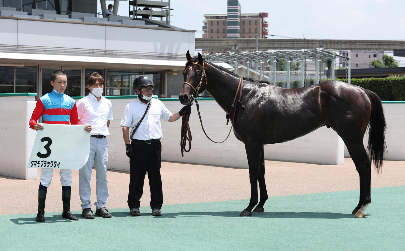 新馬戦を制したタマモブラックタイと口取りに並ぶ角田大河騎手（左）（撮影・白石智彦）