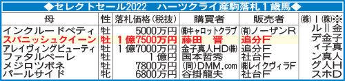 セレクトセール2022　ハーツクライ産駒落札1歳馬