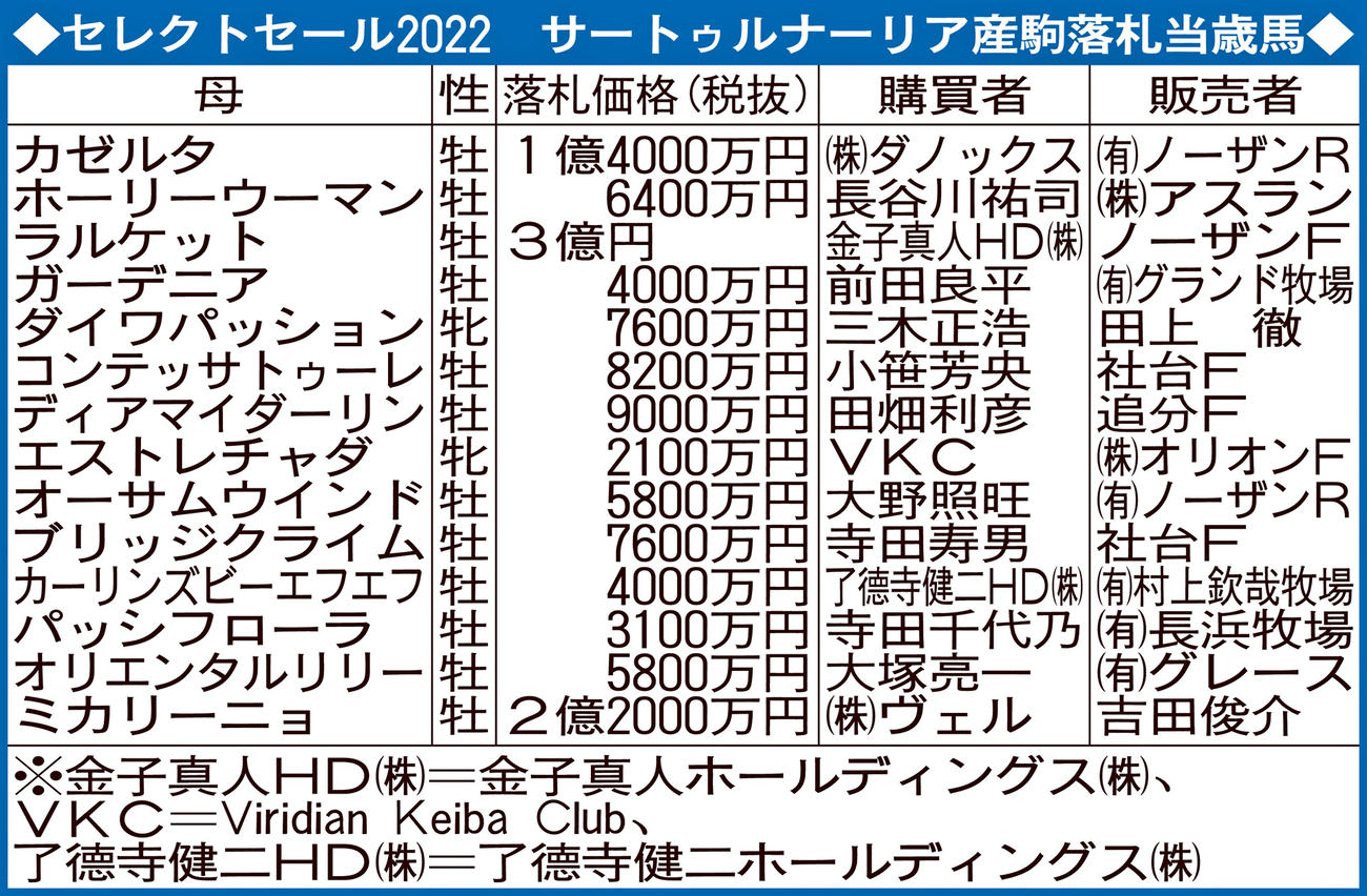 セレクトセール2022　サートゥルナーリア産駒落札当歳馬