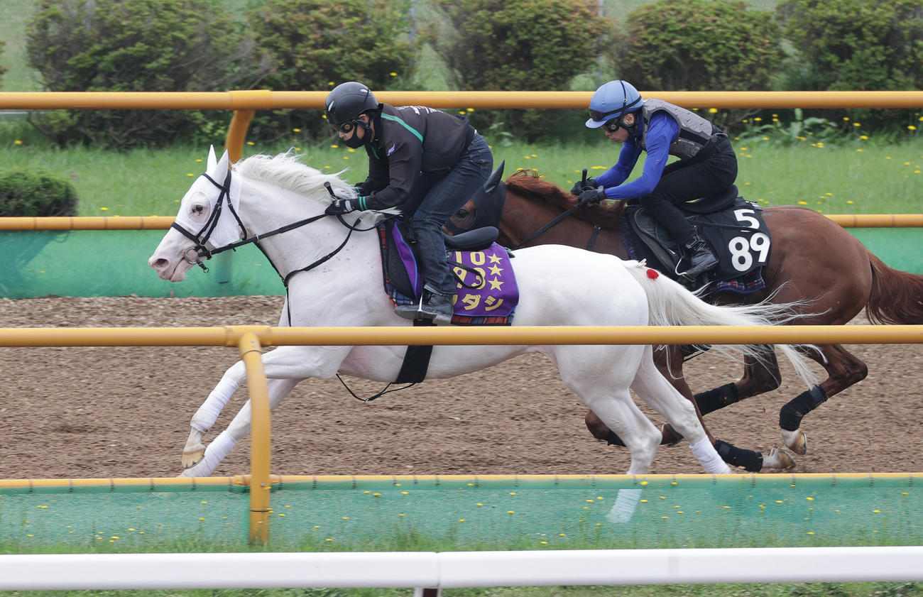 函館ウッドチップコースで、併せ馬で追い切られたソダシ（左）