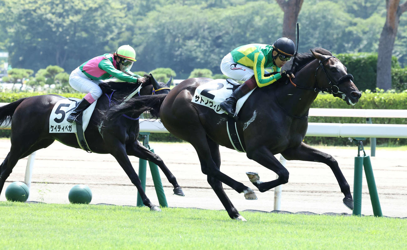 新潟2R、2歳未勝利戦を制したサトノヴィレと三浦騎手（右）（撮影・丹羽敏通）