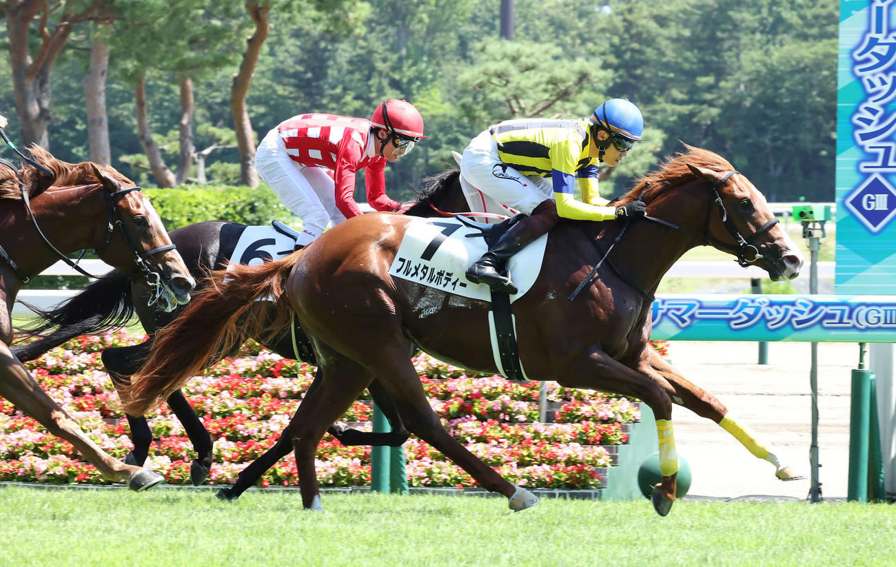 新潟6R、デビュー戦を制したフルメタルボディーと三浦皇成騎手（撮影・丹羽敏通）