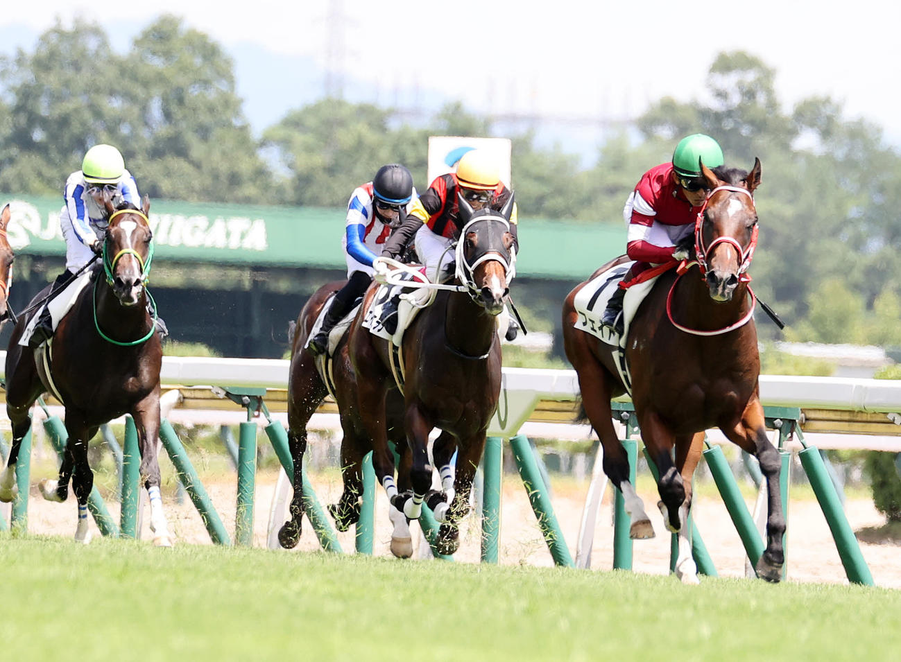メイクデビュー新潟を制したフェイト（右）と福永祐一騎手（撮影・鈴木正人）