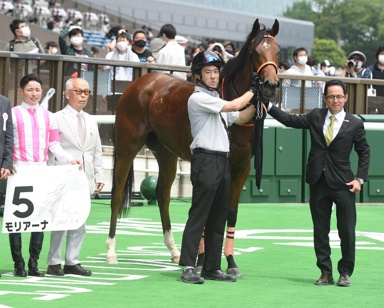 6月、新馬戦を制したモリアーナと写真に納まる武藤雅騎手（左端）と武藤善則師（右端）