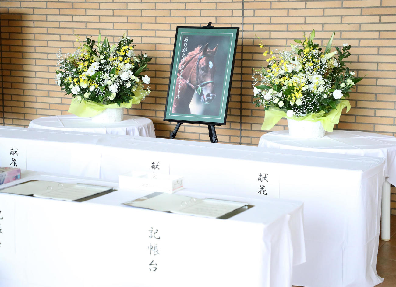 新潟競馬場に設置されたタイキシャトルの記帳台（撮影・鈴木正人）