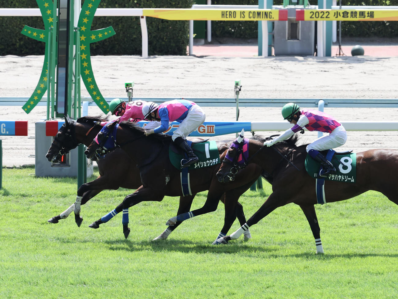 小倉サマーJ アサクサゲンキと石神深一騎手はゴール前の叩き合いを制し勝利する（撮影・梅根麻紀）