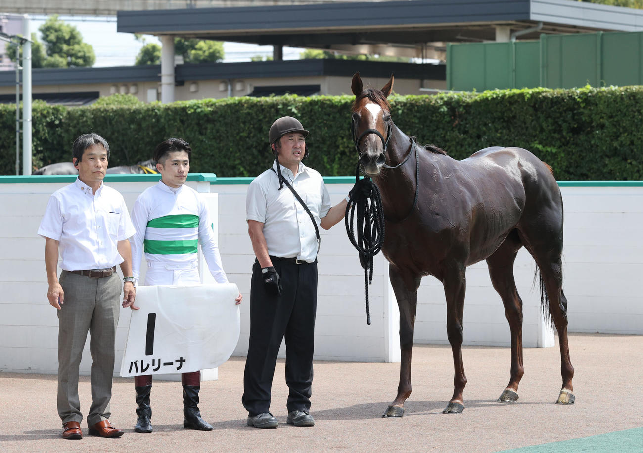 2歳新馬　1着バレリーナと西村淳也騎手（左から2人目）（撮影・梅根麻紀）