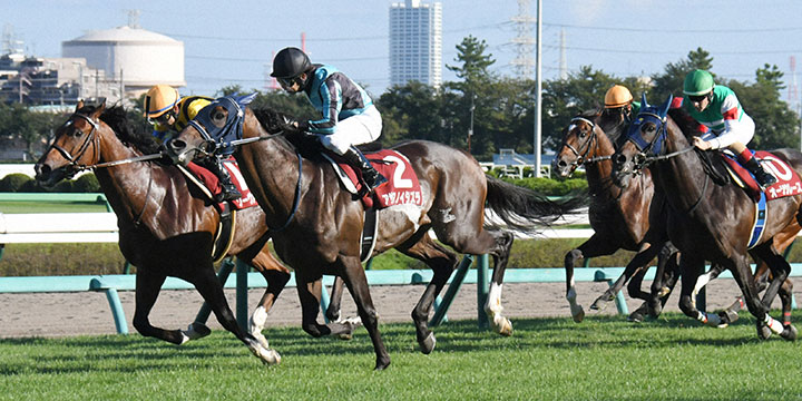 直線追い込んだアサマノイタズラが、ソーヴァリアント（左）を首差捕らえ優勝。（2021年、中山競馬場）