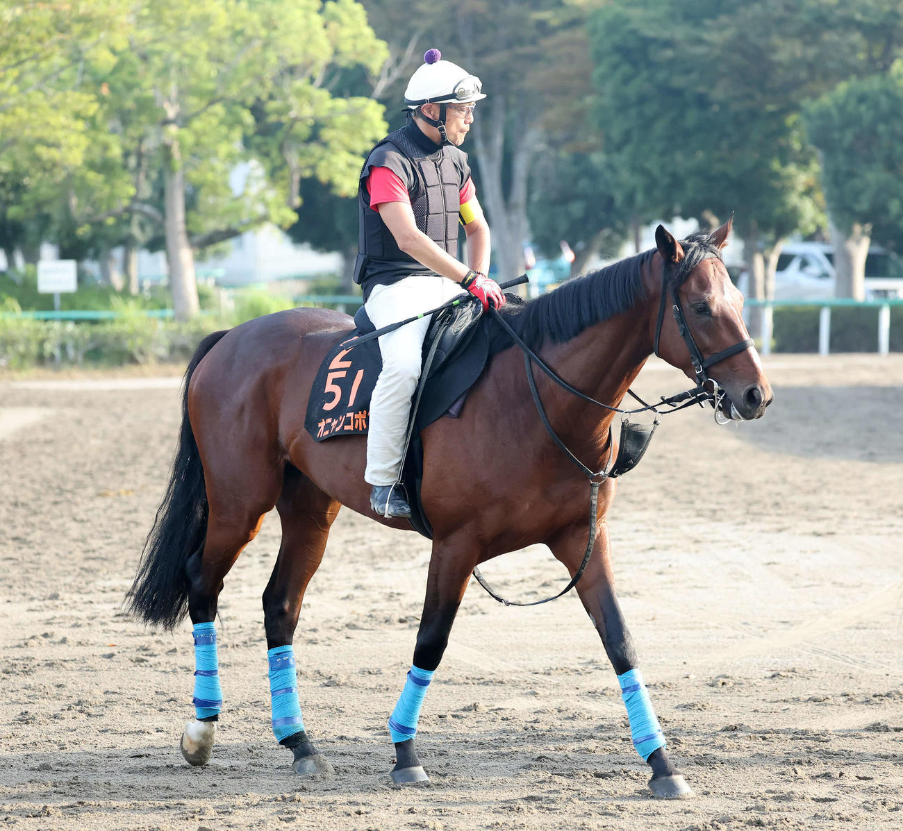馬場へ向かうオニャンコポンと小島茂師（撮影・丹羽敏通）
