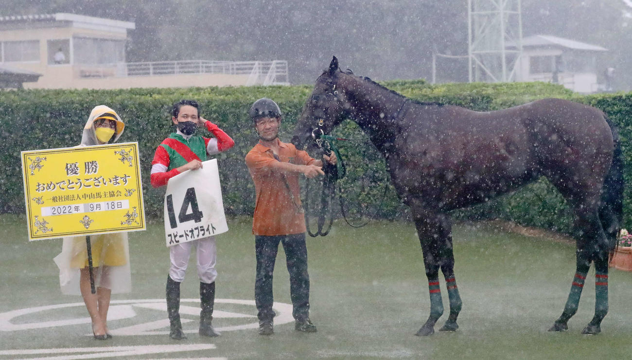 中山4R、新馬戦を制したスピードオブライトの口取りをする石川騎手（中央）（撮影・丹羽敏通）