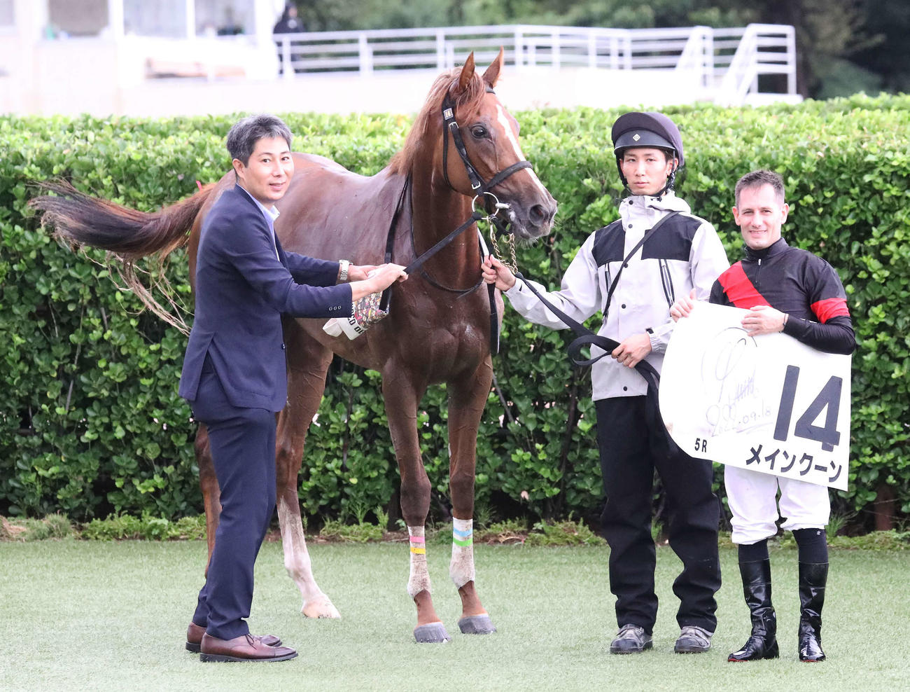 中山5R、2歳新馬戦を制したメインクーンの口取りをする林師（左）とM・デムーロ騎手（右）（撮影・丹羽敏通）