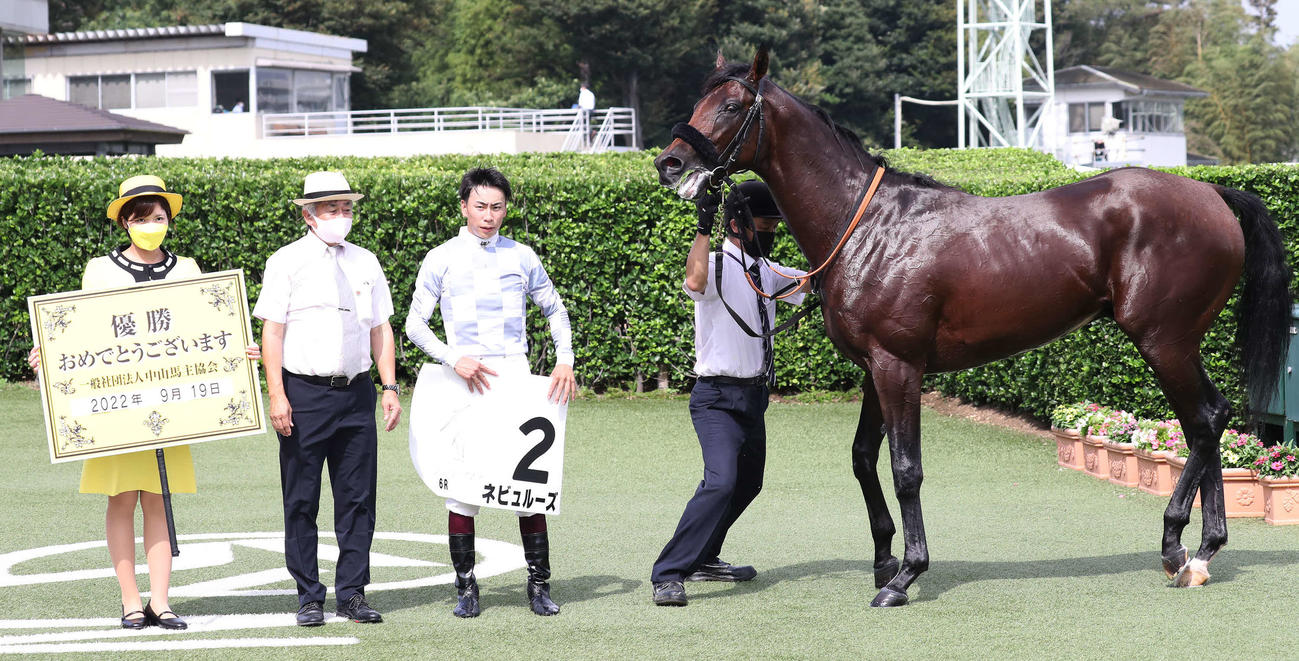 中山6R新馬戦を制したネビュルーズの口取りをする横山武騎手（左から3人目）（撮影・丹羽敏通）
