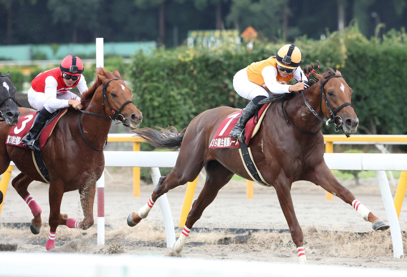 騎手課程39期生第1回模擬レースを制したキャノンコアと小林さん（右）（撮影・丹羽敏通）