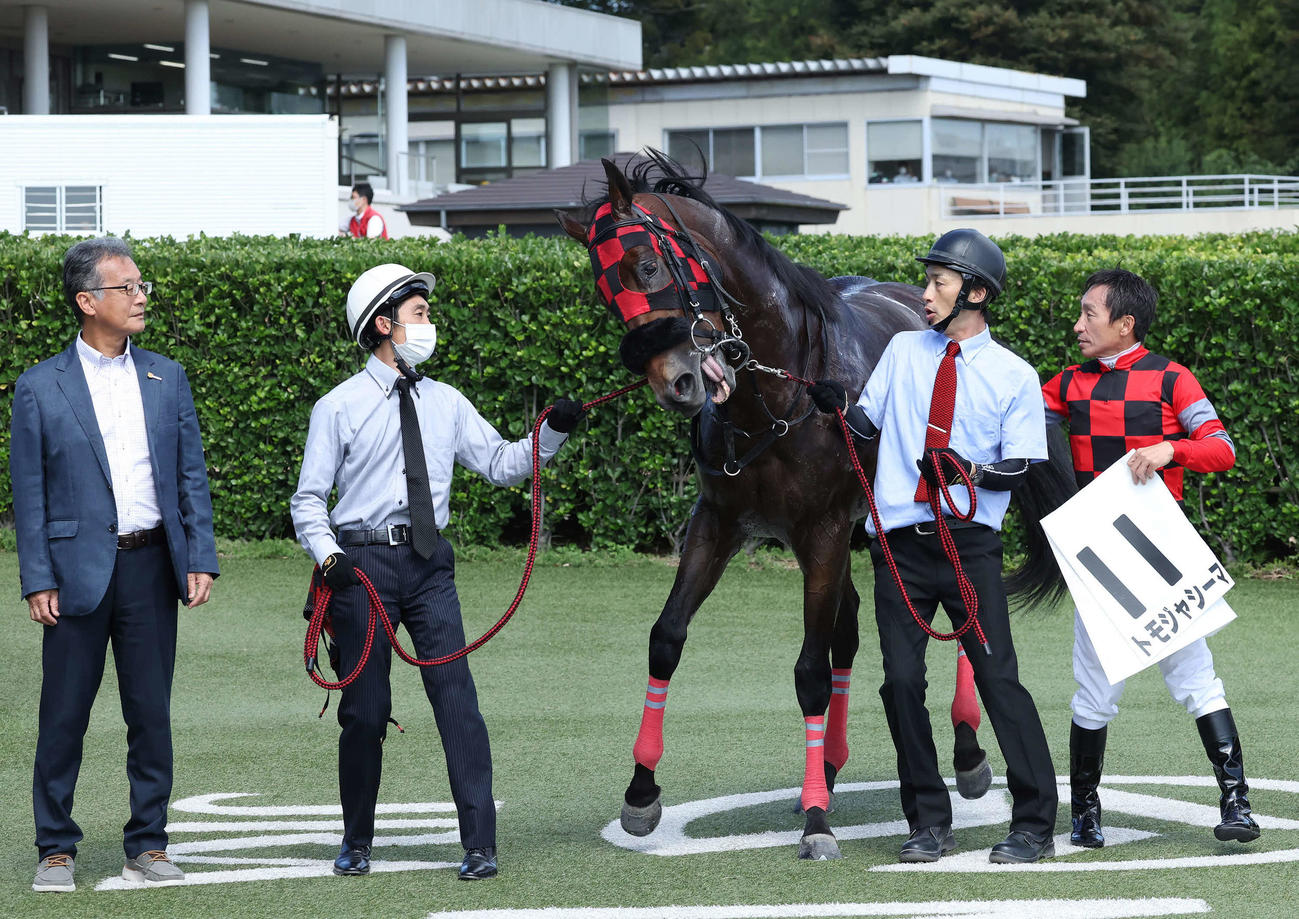 中山4R、2歳新馬戦に勝利したトモジャシーマの口取りをする横山典騎手（右）（撮影・丹羽敏通）
