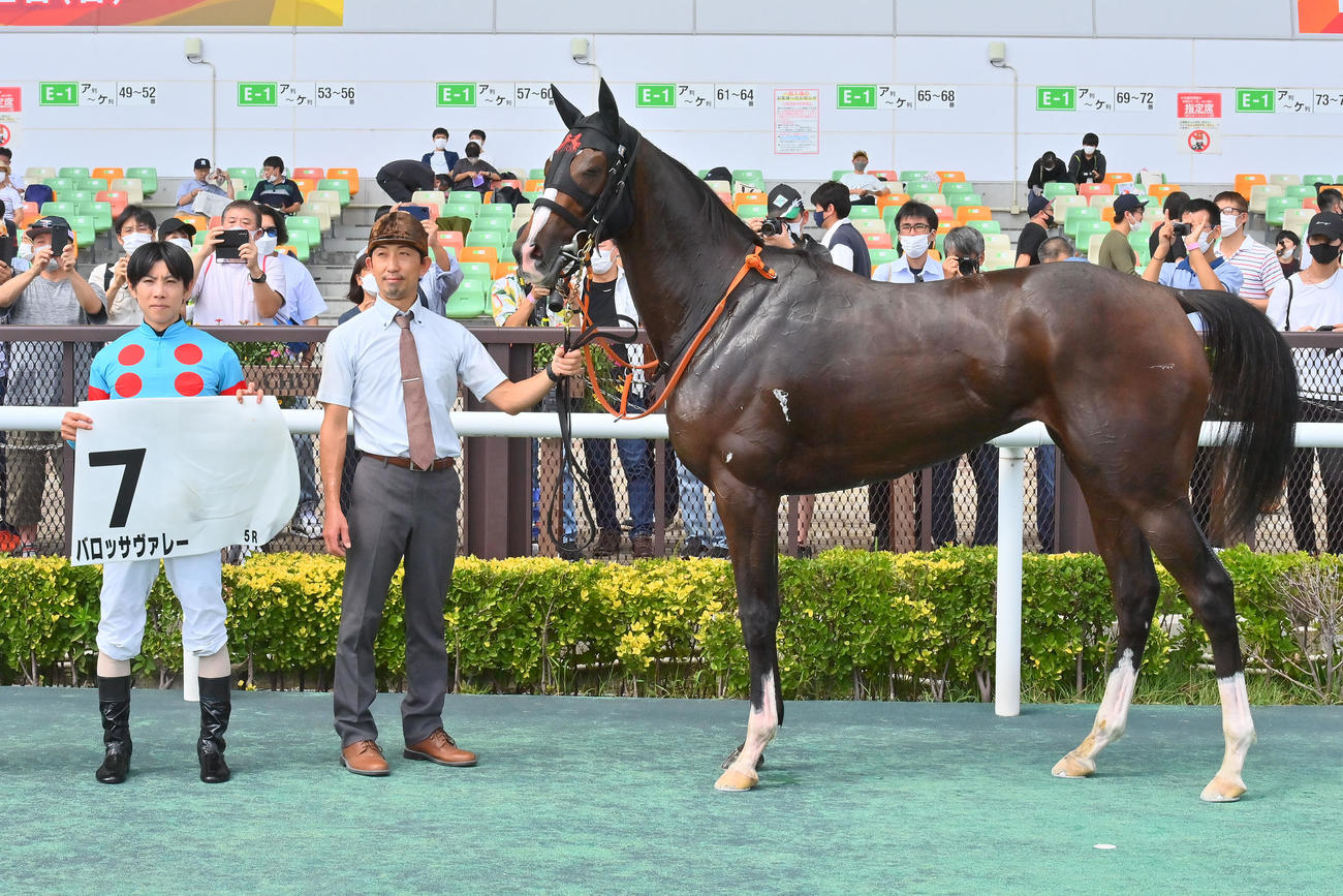 新馬戦を制したバロッサヴァレーと北村友一騎手（撮影・和賀正仁）