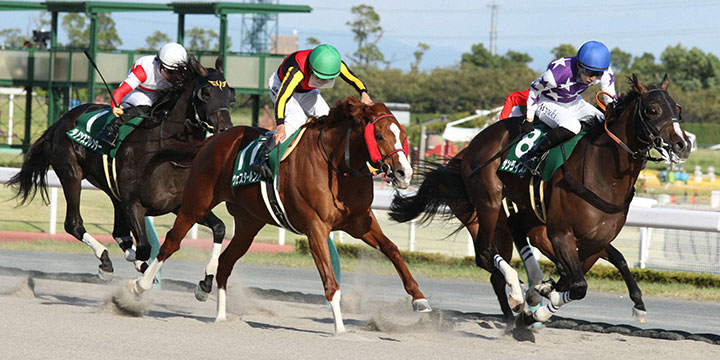 後続を振り切りシリウスSを制したサンライズホープ。＝2021年、中京競馬場