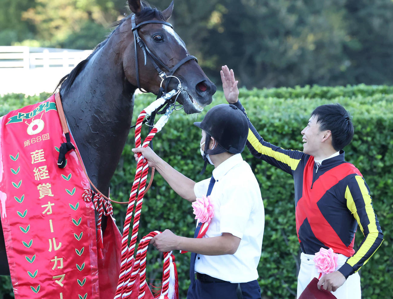 オールカマーを制したジェラルディーナの顔をなでてねぎらう横山武騎手（右）（撮影・丹羽敏通）