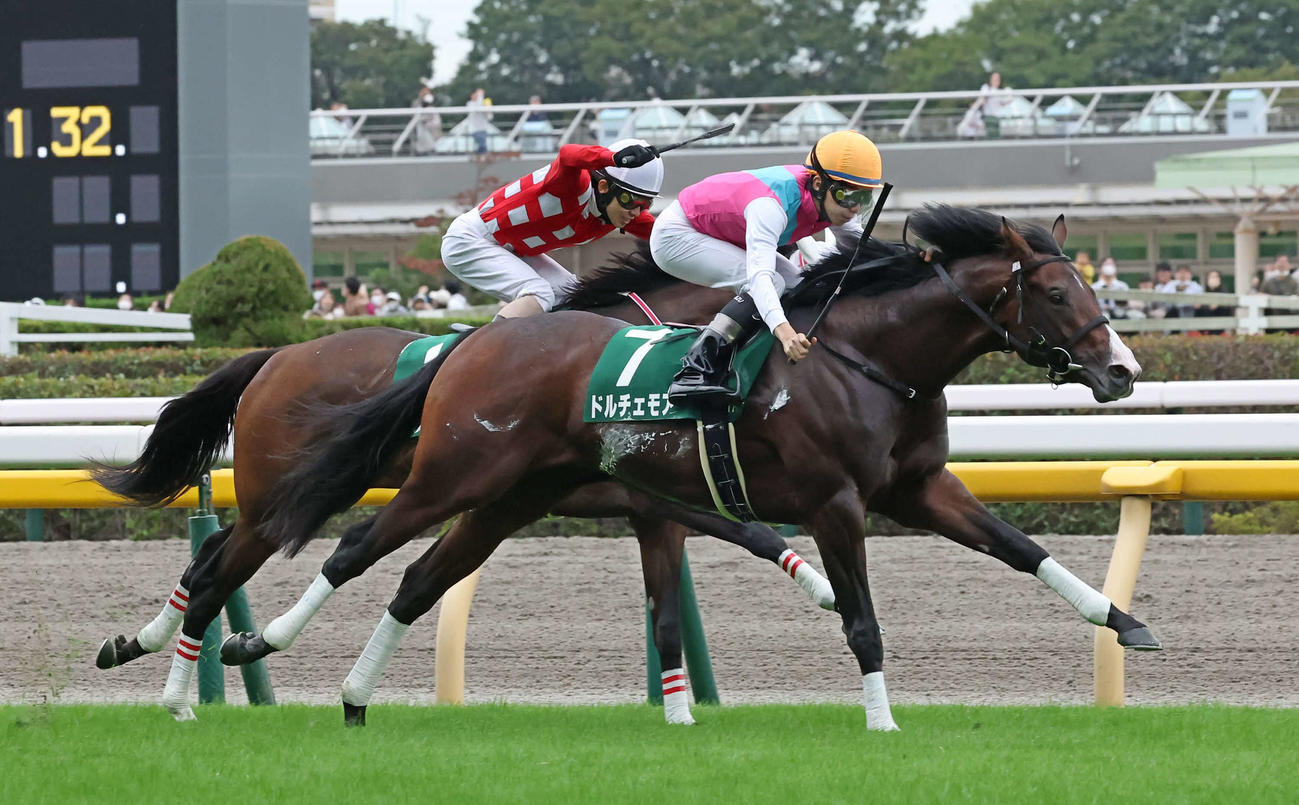 逃げたグラニット（奥）をとらえてサウジRCを制したドルチェモアと横山和騎手（撮影・丹羽敏通）