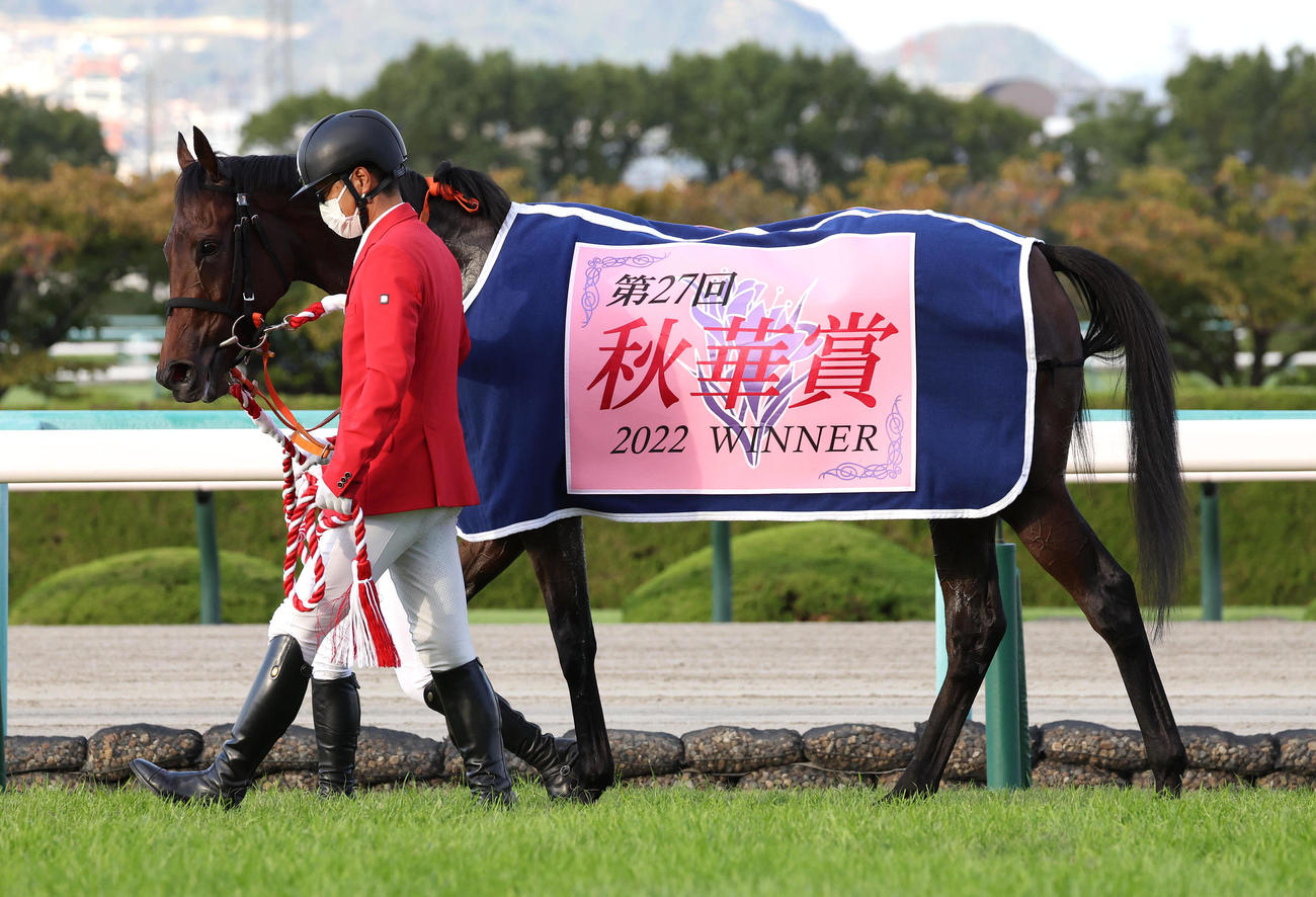 秋華賞を制し優勝レイを掛けられたスタニングローズ（撮影・白石智彦）