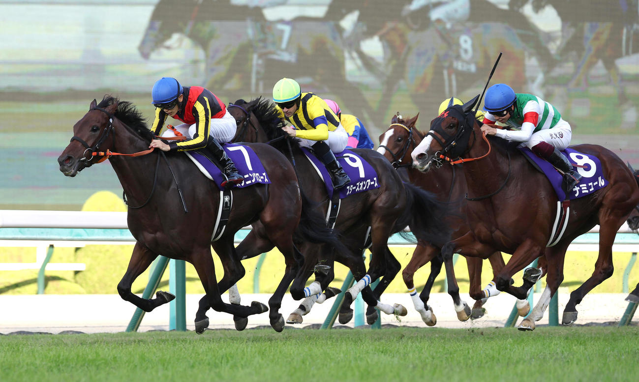 直線抜け出して秋華賞を制したスタニングローズ（左）。右は2着ナミュール（撮影・白石智彦）