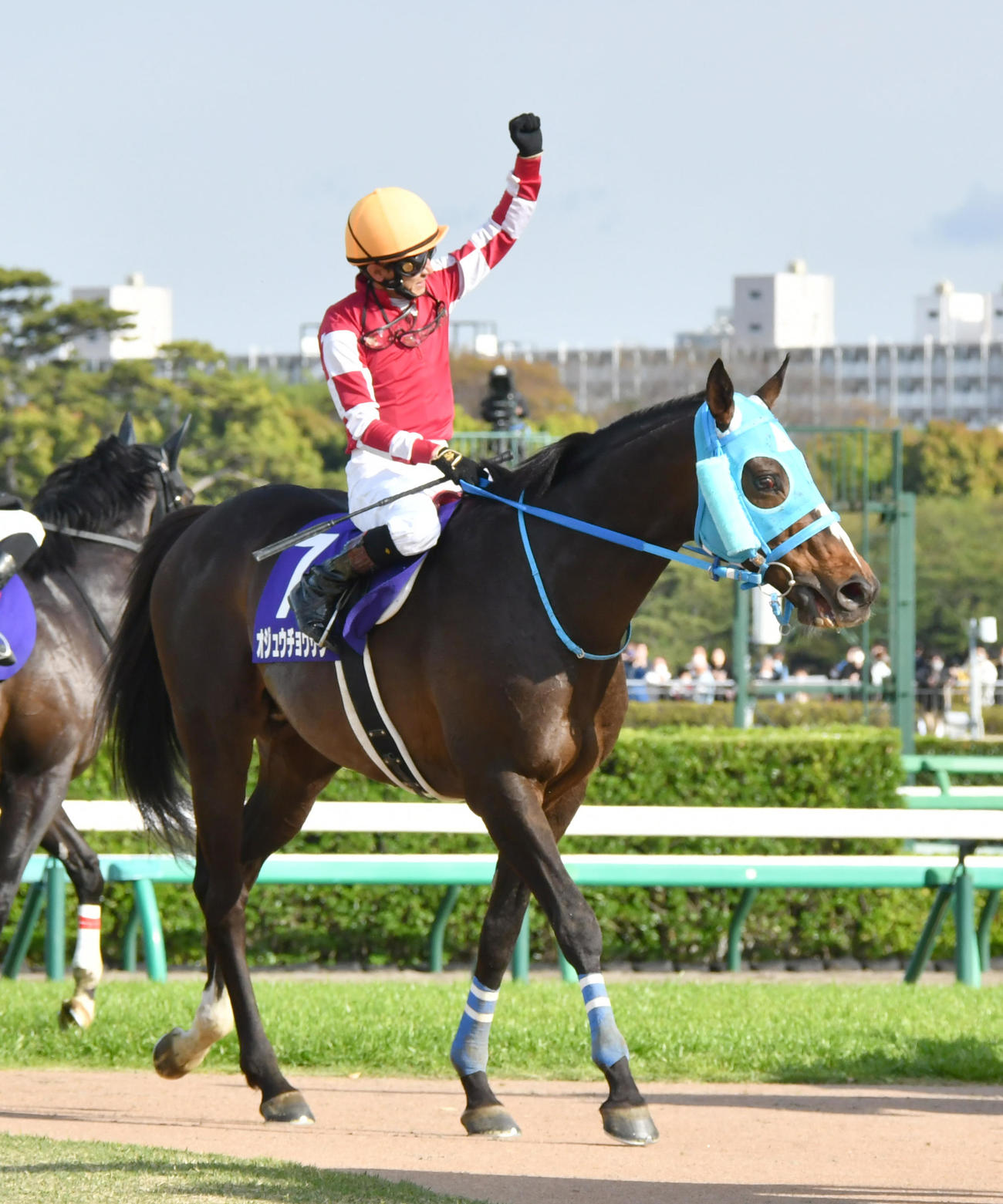 22年4月、中山グランドJを制したオジュウチョウサンと石神騎手はファンの拍手にガッツポーズで応えた