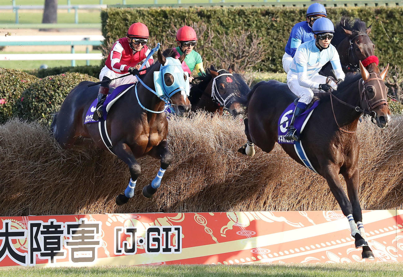 21年12月、大竹柵を飛越するオジュウチョウサンと石神騎手（左）