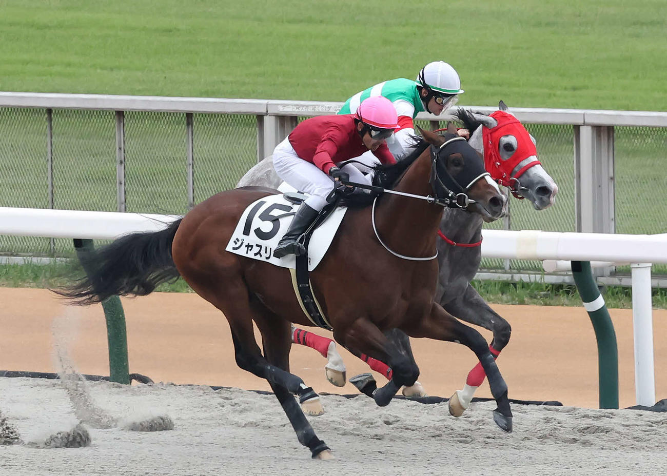東京6R新馬戦、先行するレディエンフェイス（奥）を直線とらえて勝利したジャスリーと戸崎騎手（撮影・丹羽敏通）