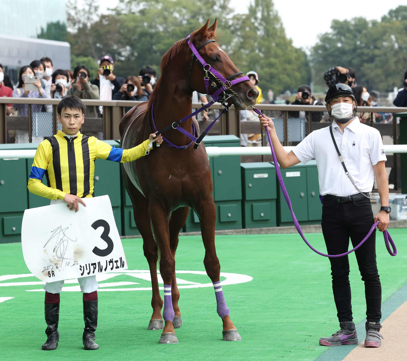 東京5R、2歳新馬戦を制したシリアルノヴェルの口取りをする横山武騎手（撮影・丹羽敏通）