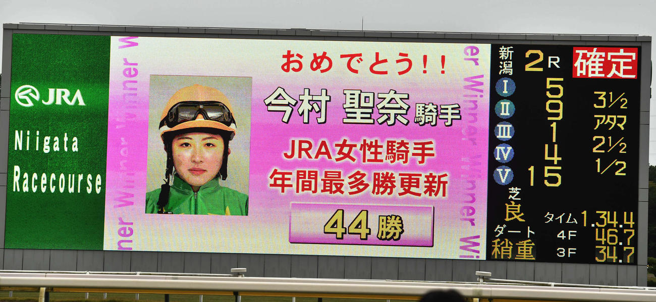 JRA女性騎手年間最多44勝を達成した今村聖奈騎手を祝福するビジョン（撮影・柴田隆二）
