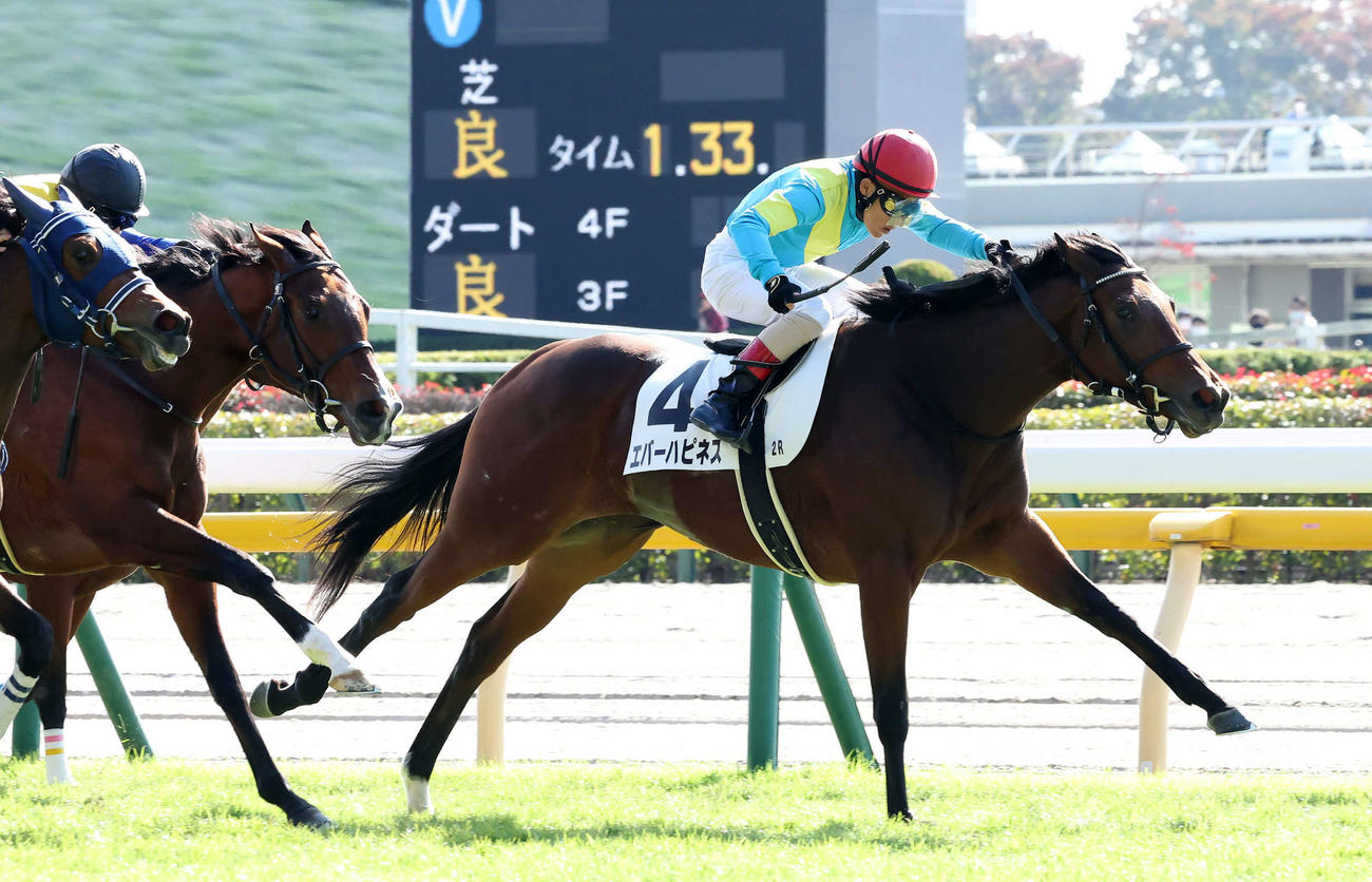 東京2R、2歳牝馬未勝利戦を制したエバーハピネスと吉田豊騎手（右）（撮影・丹羽敏通）