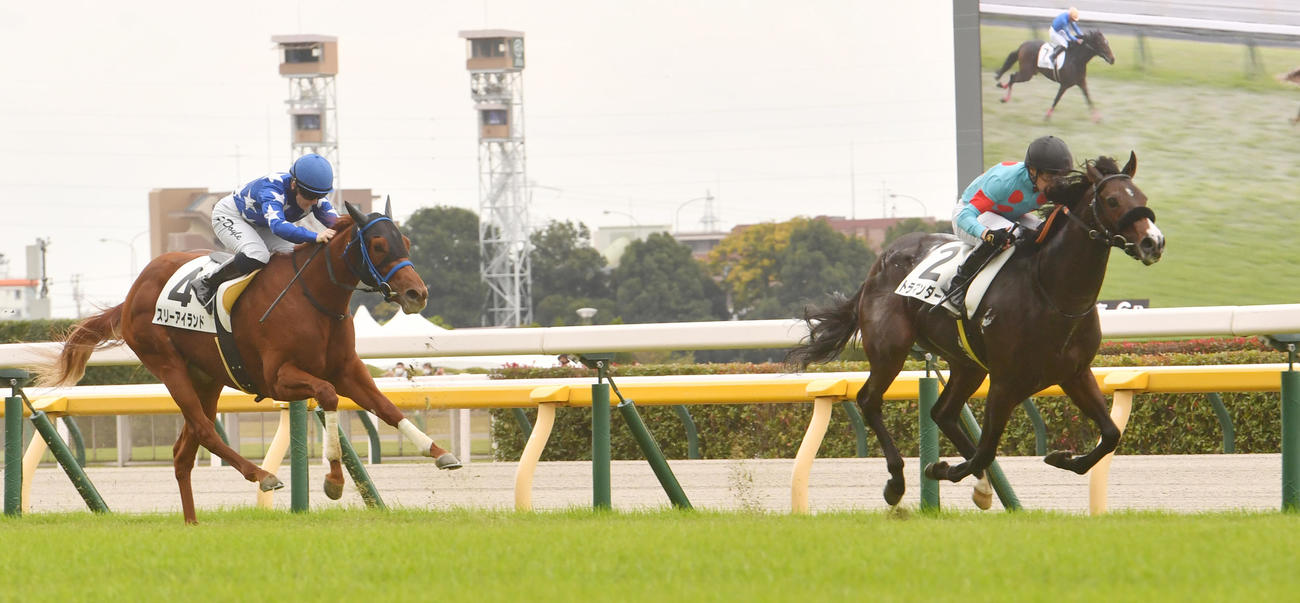 東京競馬6R、新馬戦を制したトラマンダーレのマーカンド騎手（右）、2着スリーアイランドのドイル騎手、夫婦でワンツー（撮影・柴田隆二）