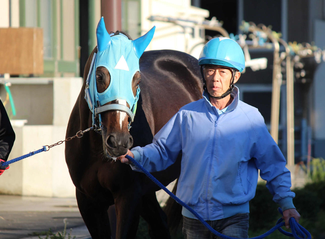 16日、美浦トレセンへ帰厩したオジュウチョウサンと長沼厩務員（撮影・木南友輔）