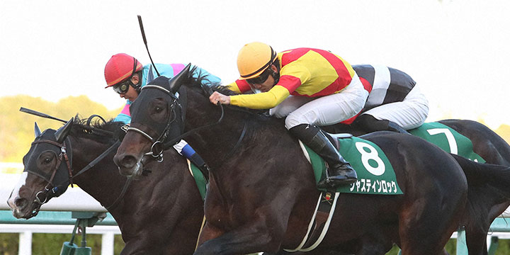 外から差して京都2歳Sを制したジャスティンロック（右）＝2021年11月21日、阪神競馬場