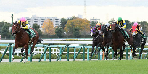 直線力強く伸びてチャレンジCを制したソーヴァリアント(左)=2021年12月4日、阪神競馬場