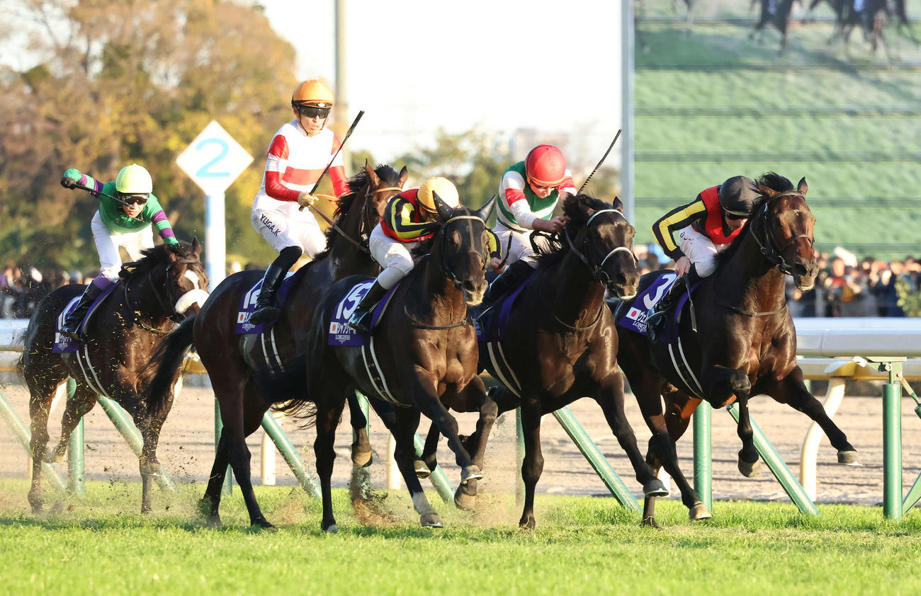 直線鋭く伸びてジャパンCを制したヴェラアズールとムーア騎手（右から2頭目）（撮影・丹羽敏通）