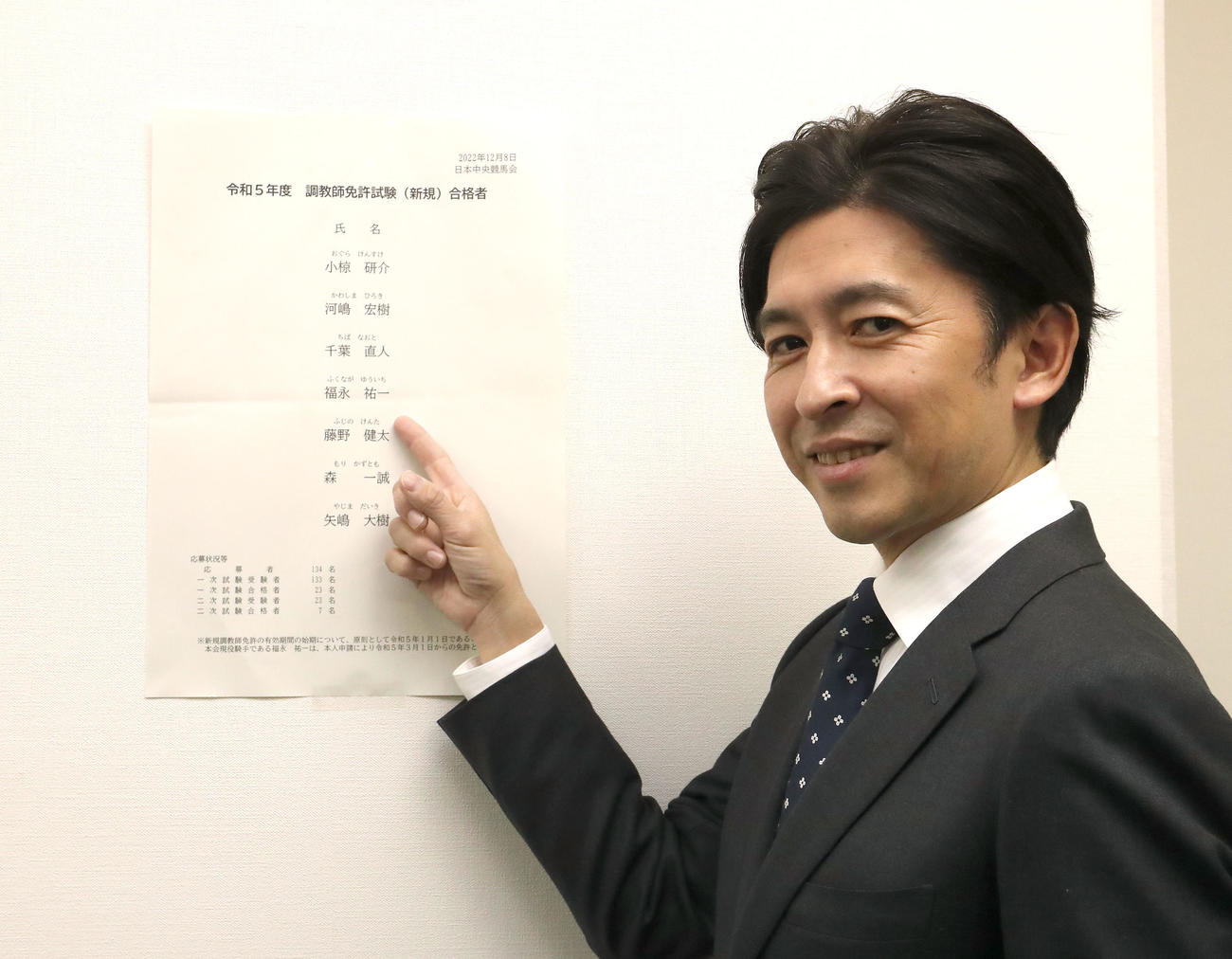 福永騎手は張り出された調教師免許合格者一覧の自分の名前を指さす（撮影・白石智彦）