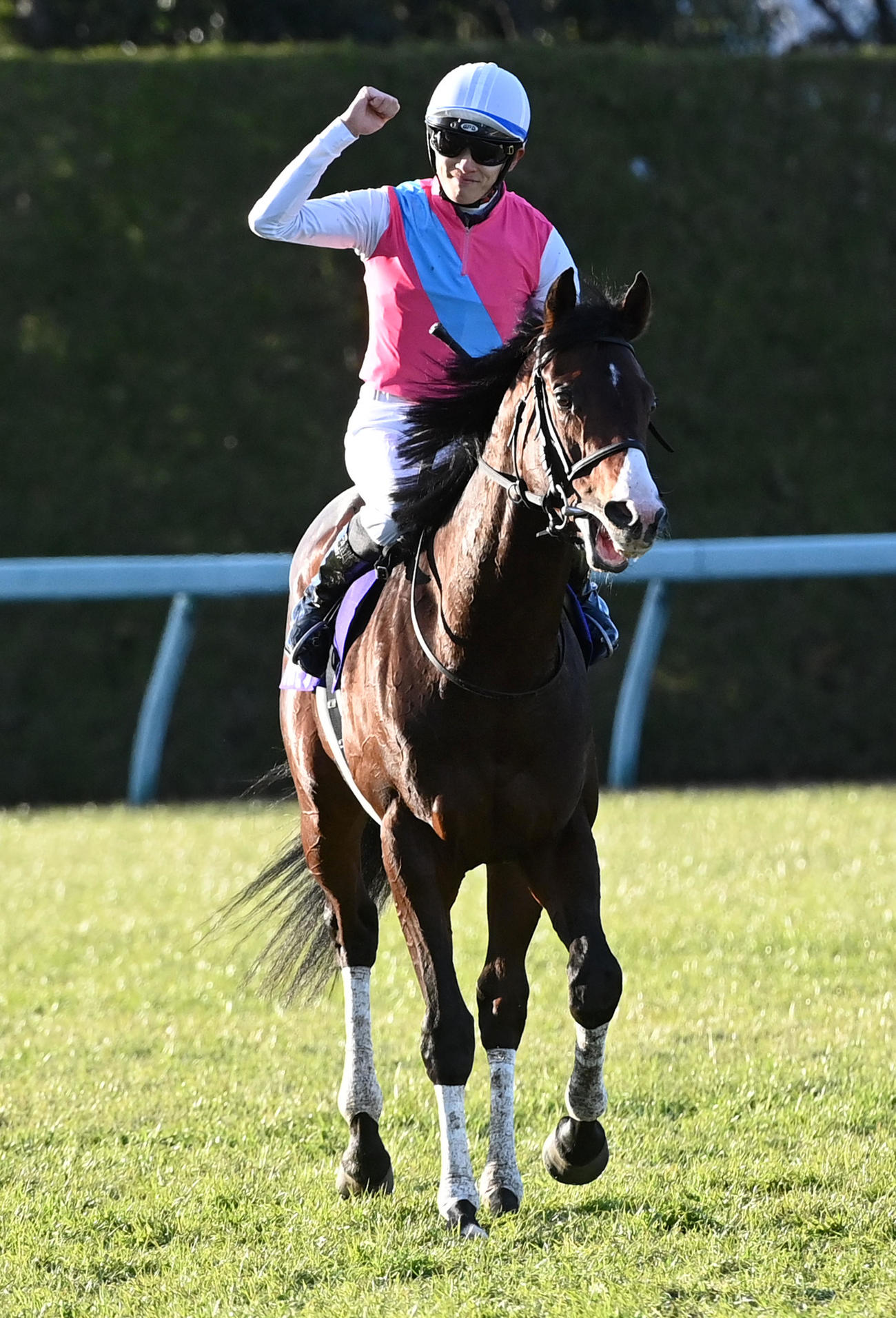 ドルチェモアで朝日杯FSを制しガッツポーズを見せる坂井騎手（撮影・前岡正明）