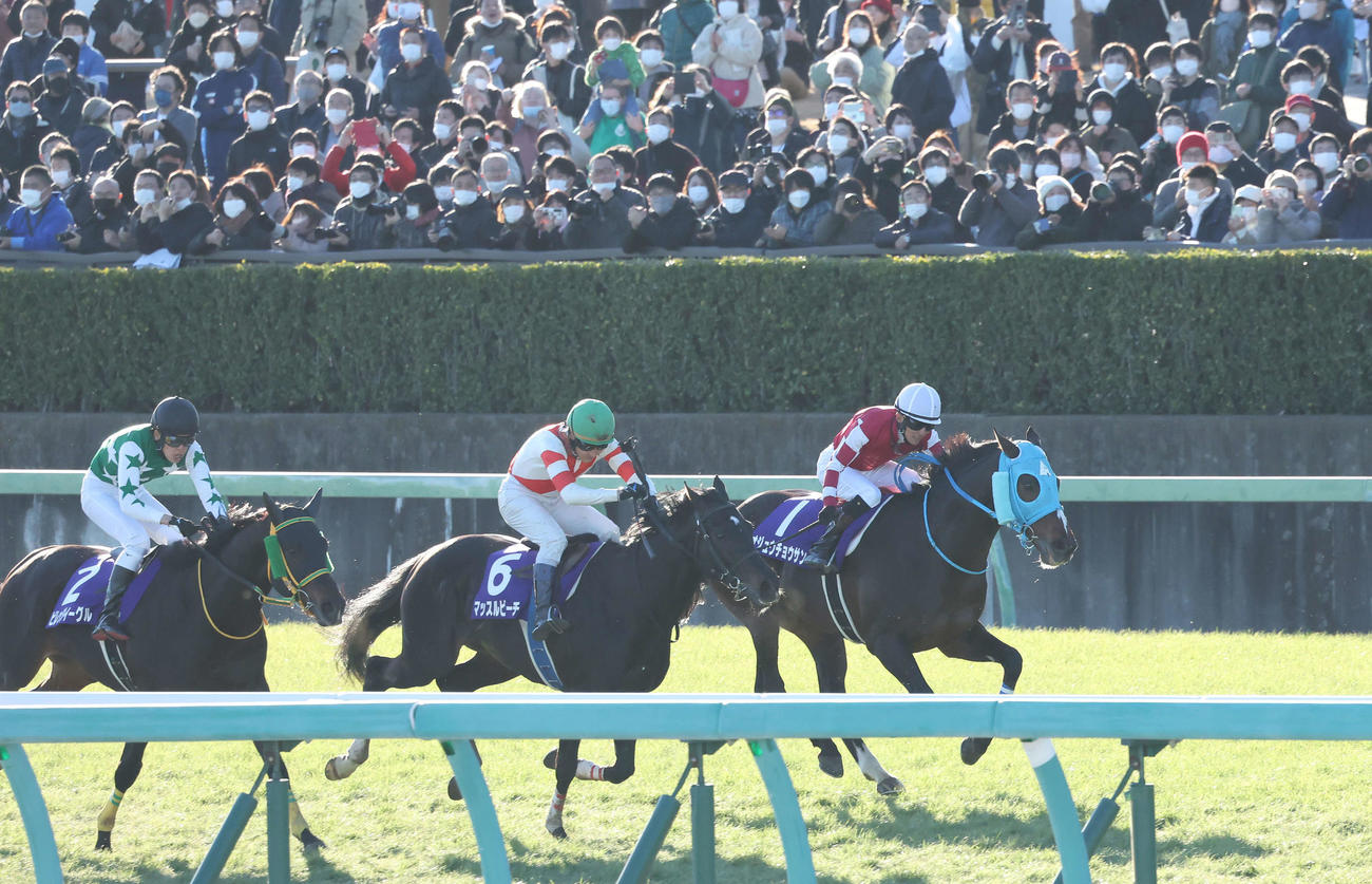 中山大障害で観客の声援を受け、ゴールへ向かうオジュウチョウサンと石神騎手（撮影・丹羽敏通）