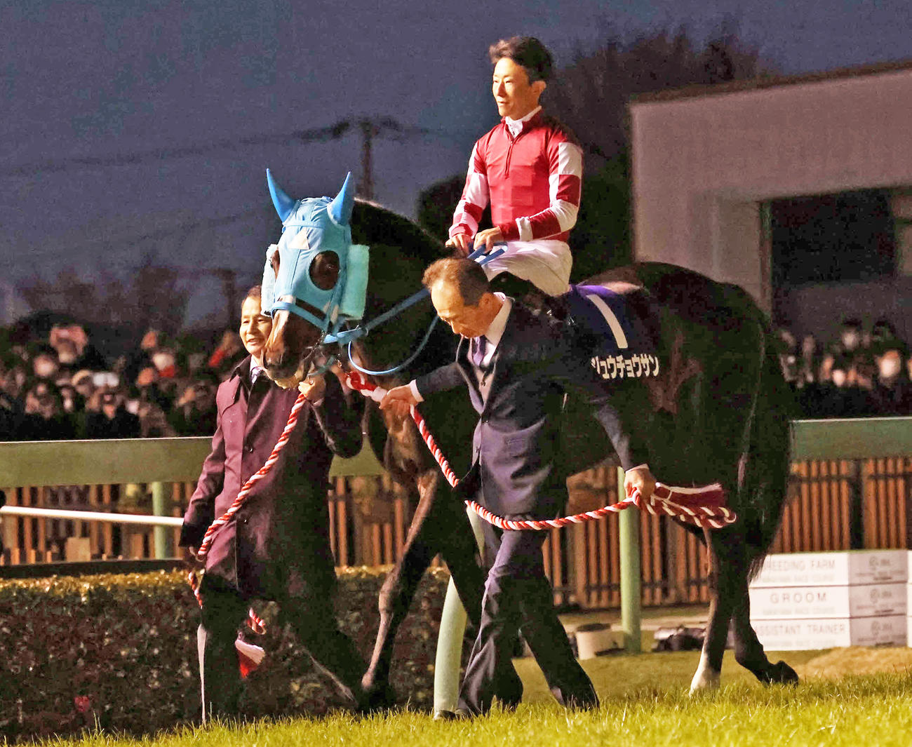 引退式を終え引き揚げるオジュウチョウサンと石神騎手。担当の長沼厩務員は何度も頭を下げた