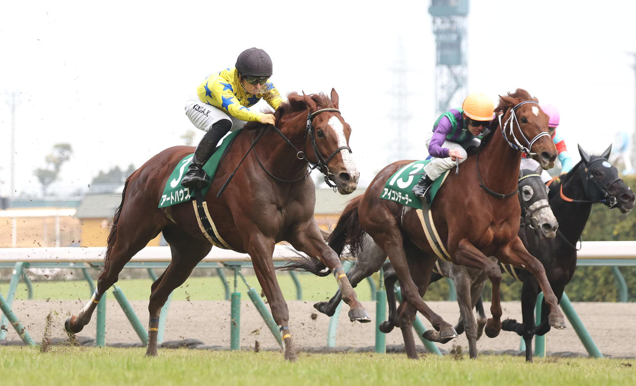 直線外から力強く伸びて愛知杯を制したアートハウス（左）（撮影・白石智彦）