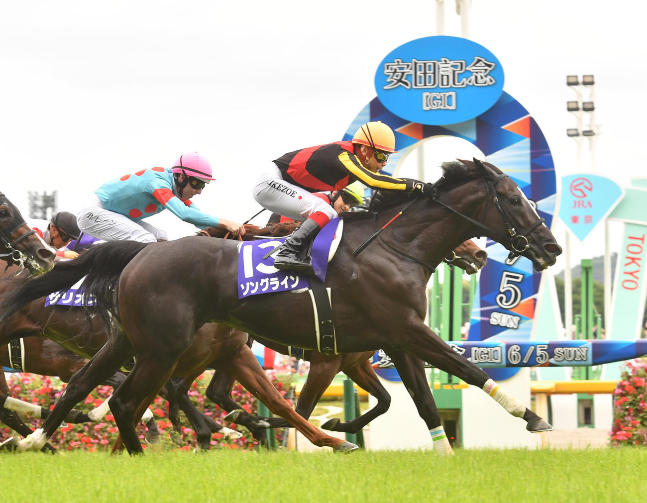 安田記念1着のソングライン（手前）（2022年6月5日撮影）